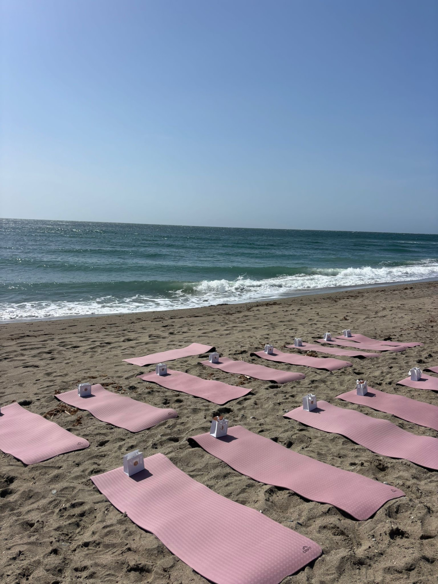Pilates mats set up on the beach